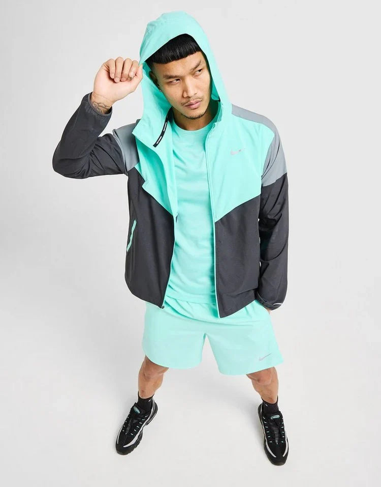 Nike Playful Turquoise UV Windbreaker, Nike Miler T-Shirt & Nike Challenger Shorts Set